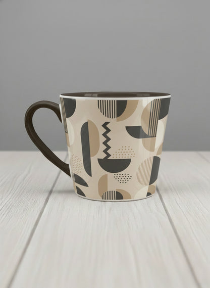 Conical Mug | Parallel Dune Echo left view mug, beige and charcoal geometric shapes with dots and stripes, dark interior and handle, by Alan CL Lee - Gallery By Inhesion