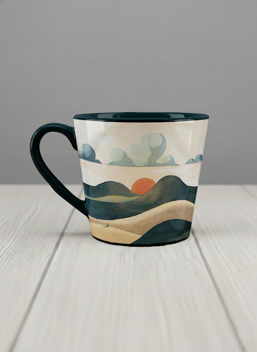 Conical mug | Share a Sunset left view mug a lone figure walking through rolling sand dunes beneath a glowing orange sun and layered teal clouds, deep teal interior and handle, by KikaG - Gallery By Inhesion