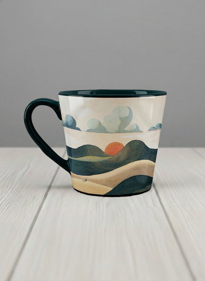 Conical mug | Share a Sunset left view mug a lone figure walking through rolling sand dunes beneath a glowing orange sun and layered teal clouds, deep teal interior and handle, by KikaG - Gallery By Inhesion