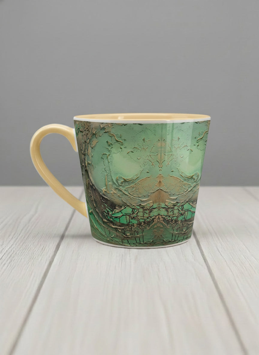 Conical Mug | Emerald Magic left view mug showing abstract marbled pattern in green, gold, and earthy tones by Mersedes Mein - Gallery By Inhesion
