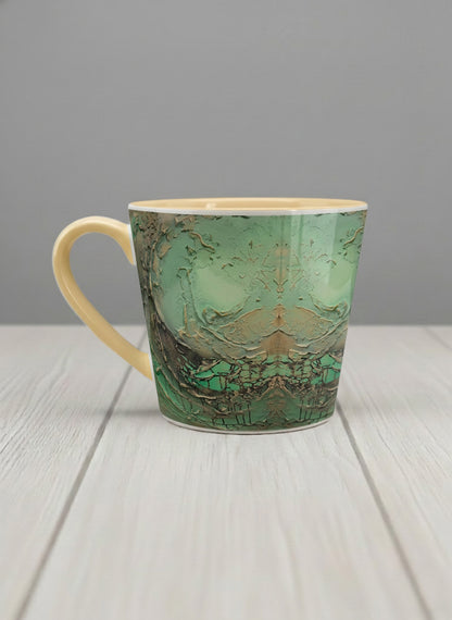 Conical Mug | Emerald Magic left view mug showing abstract marbled pattern in green, gold, and earthy tones by Mersedes Mein - Gallery By Inhesion