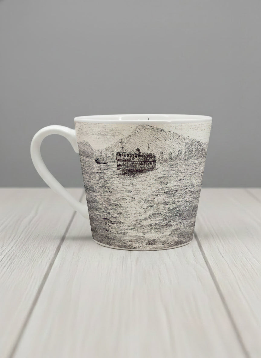 Conical Mug | Shimmering Passage left view mug showing a pen drawing Star Ferry in Hong Kong by Samuel Kwok - Gallery By Inhesion