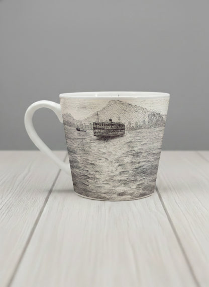 Conical Mug | Shimmering Passage left view mug showing a pen drawing Star Ferry in Hong Kong by Samuel Kwok - Gallery By Inhesion