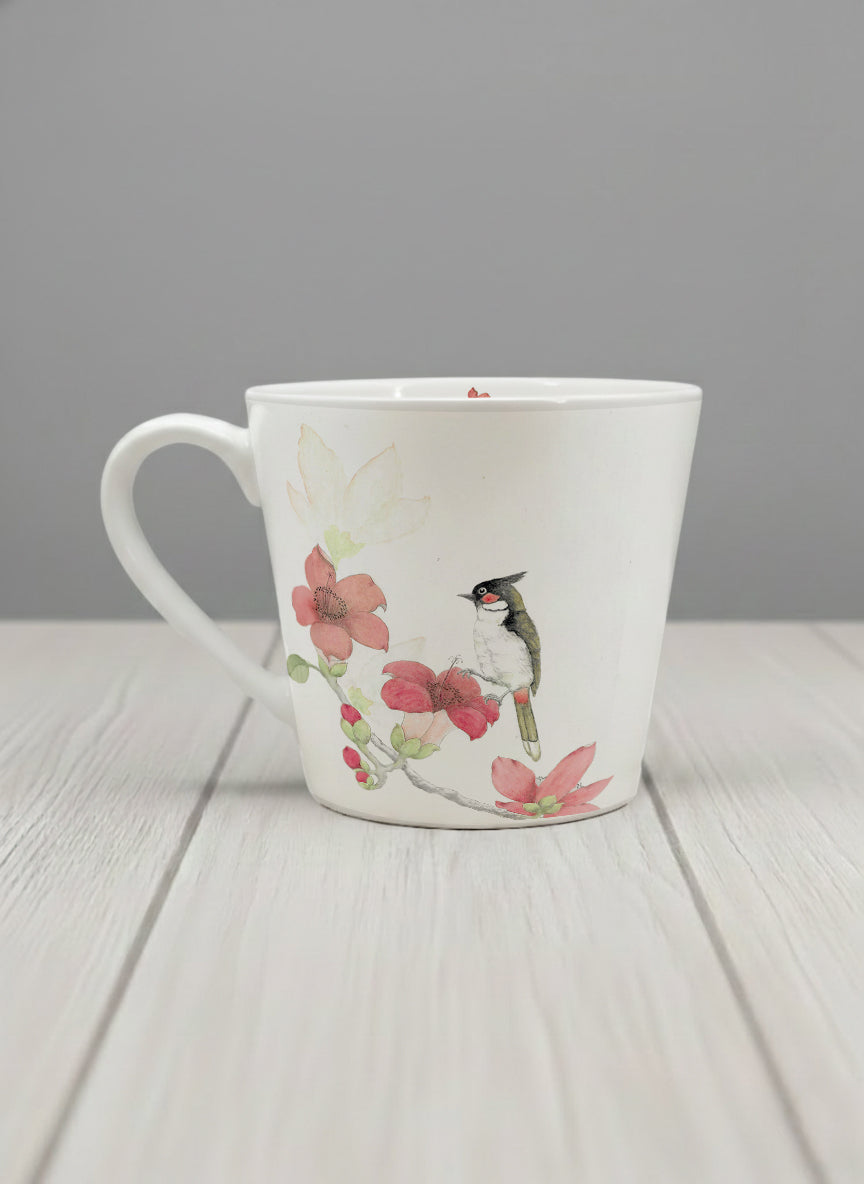 Conical Mug | The Radiance of Red Kapok left view mug with watercolor illustration of a red bird and pink flowers artwork by Alice Wong - Gallery By Inhesion