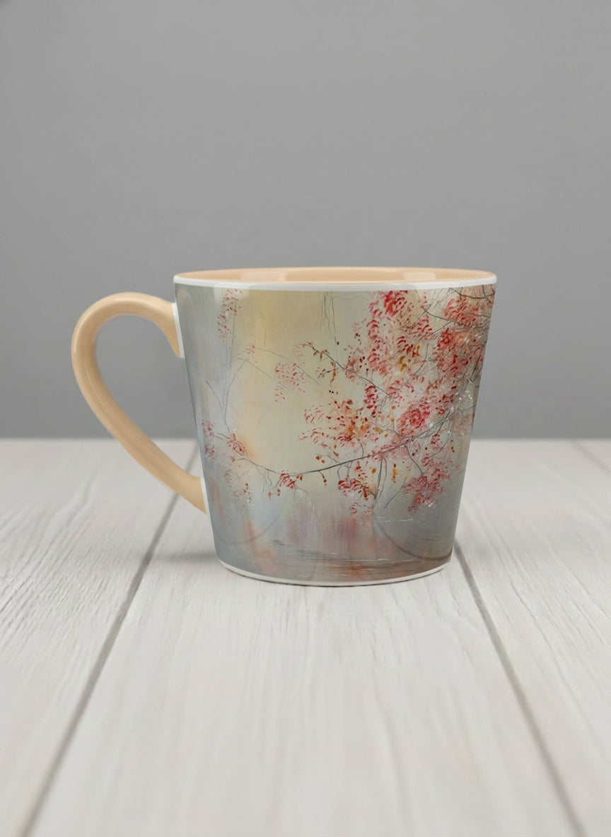conical mug | Quiet Waters left view mug, delicate red blossoms and fine branches drifting across a soft celadon mist, warm cream interior and handle, by Karina Mosser - Gallery By Inhesion