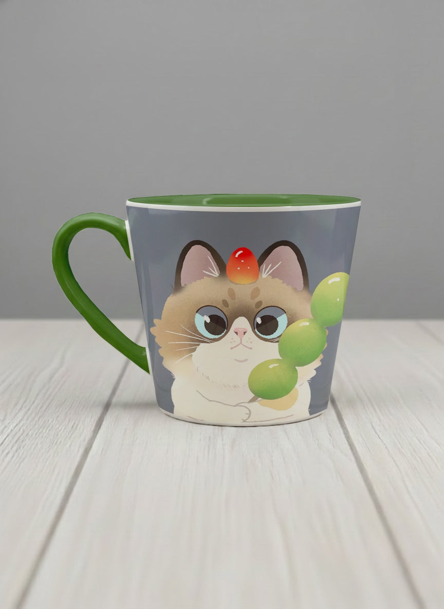 Conical Mug | My Shiny Treat left view mug grumpy fluffy cat clutching green grapes, tiny red mushroom hat, slate blue background, green interior, by Hyun Jung Cho