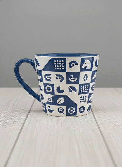 Conical Mug | Multiversal Sigils left view mug, navy and white checkerboard pattern with icons, blue interior and handle, by Alan CL Lee - Gallery By Inhesion