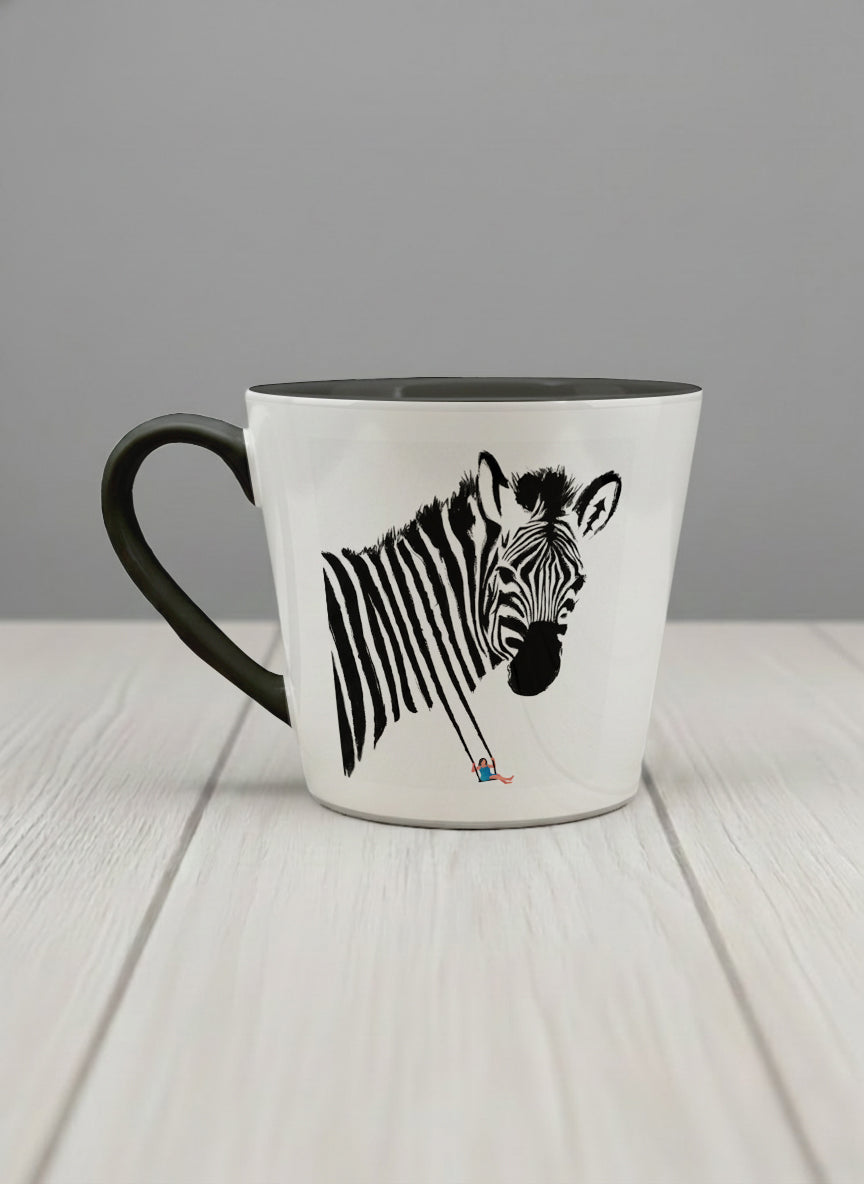 Conical Mug | Swinging between reality and illusion left view mug with a zebra illustration and a person swinging under it by Tang Yau Hoong - Gallery By Inhesion
