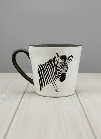 Conical Mug | Swinging between reality and illusion left view mug with a zebra illustration and a person swinging under it by Tang Yau Hoong - Gallery By Inhesion