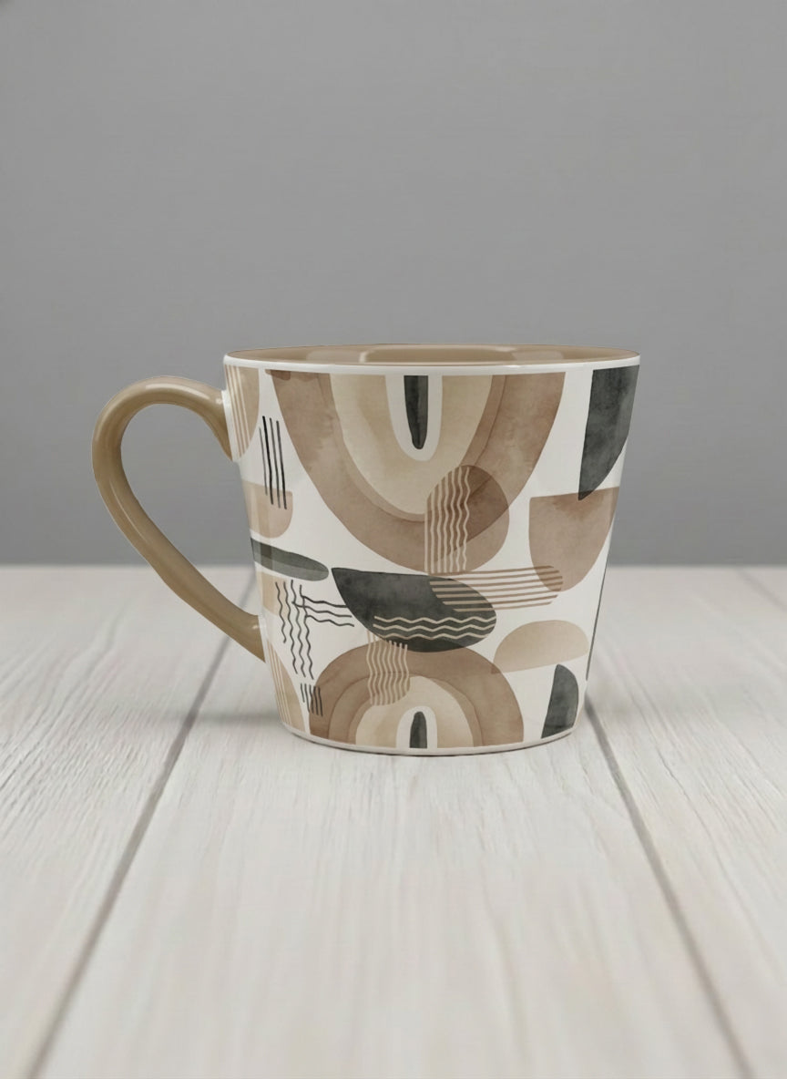 Conical Mug | Organic Shades left view mug, earthy beige and charcoal abstract shapes, cream interior, olive handle, by Alan CL Lee - Gallery By Inhesion