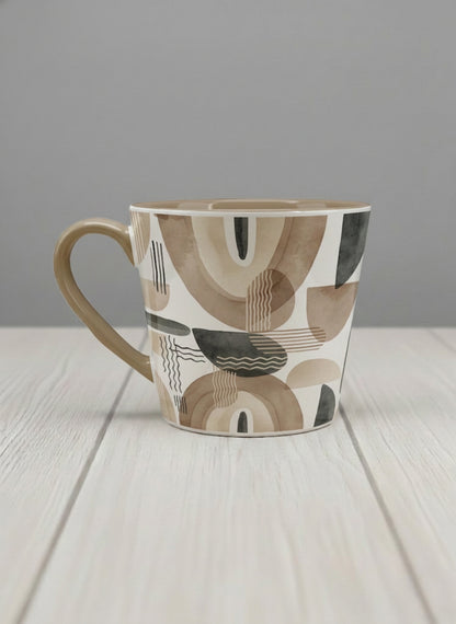 Conical Mug | Organic Shades left view mug, earthy beige and charcoal abstract shapes, cream interior, olive handle, by Alan CL Lee - Gallery By Inhesion