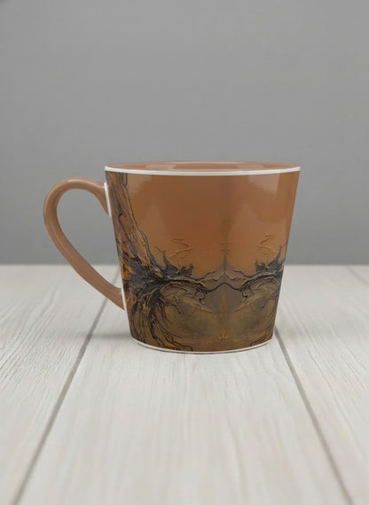 Conical Mug | Flowing Essence left view mug showing abstract marbled pattern in brown, black, and gold tones by Mersedes Mein - Gallery By Inhesion