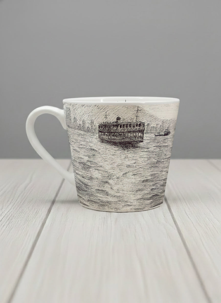 Conical Mug | Shimmering Passage left view mug showing a pen drawing Star Ferry in Hong Kong by Samuel Kwok - Gallery By Inhesion