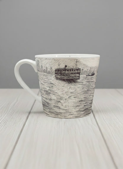 Conical Mug | Shimmering Passage left view mug showing a pen drawing Star Ferry in Hong Kong by Samuel Kwok - Gallery By Inhesion