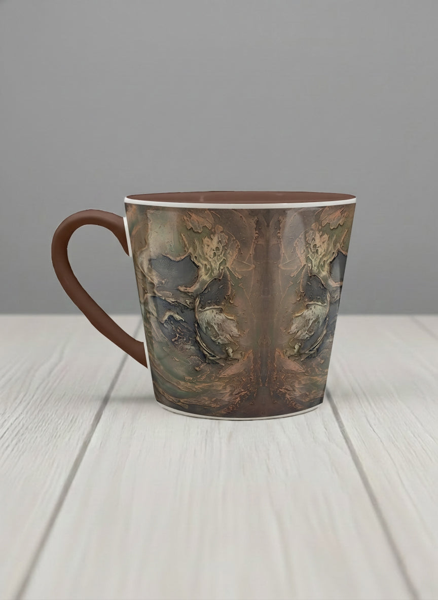conical Mug | Memories of The Soul left view mug featuring abstract earth tones and natural patterns by Mersedes Mein - Gallery By Inhesion
