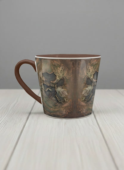 conical Mug | Memories of The Soul left view mug featuring abstract earth tones and natural patterns by Mersedes Mein - Gallery By Inhesion