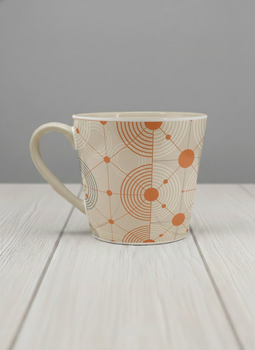 Conical Mug | Entangled Terracotta Web left view mug, orange geometric circle pattern, cream finish, by Alan CL Lee - Gallery By Inhesion