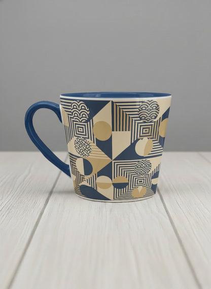 Conical Mug | Fractured Horizon Drift left view mug, navy and gold geometric pattern, dark interior and handle, by Alan CL Lee - Gallery By Inhesion