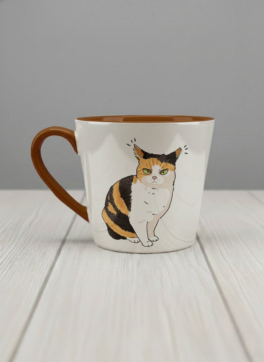 conical Mug | Spicy Calico left view mug grumpy calico cat with piercing green eyes and ruffled fur, dark chocolate interior, by Hyun Jung Cho