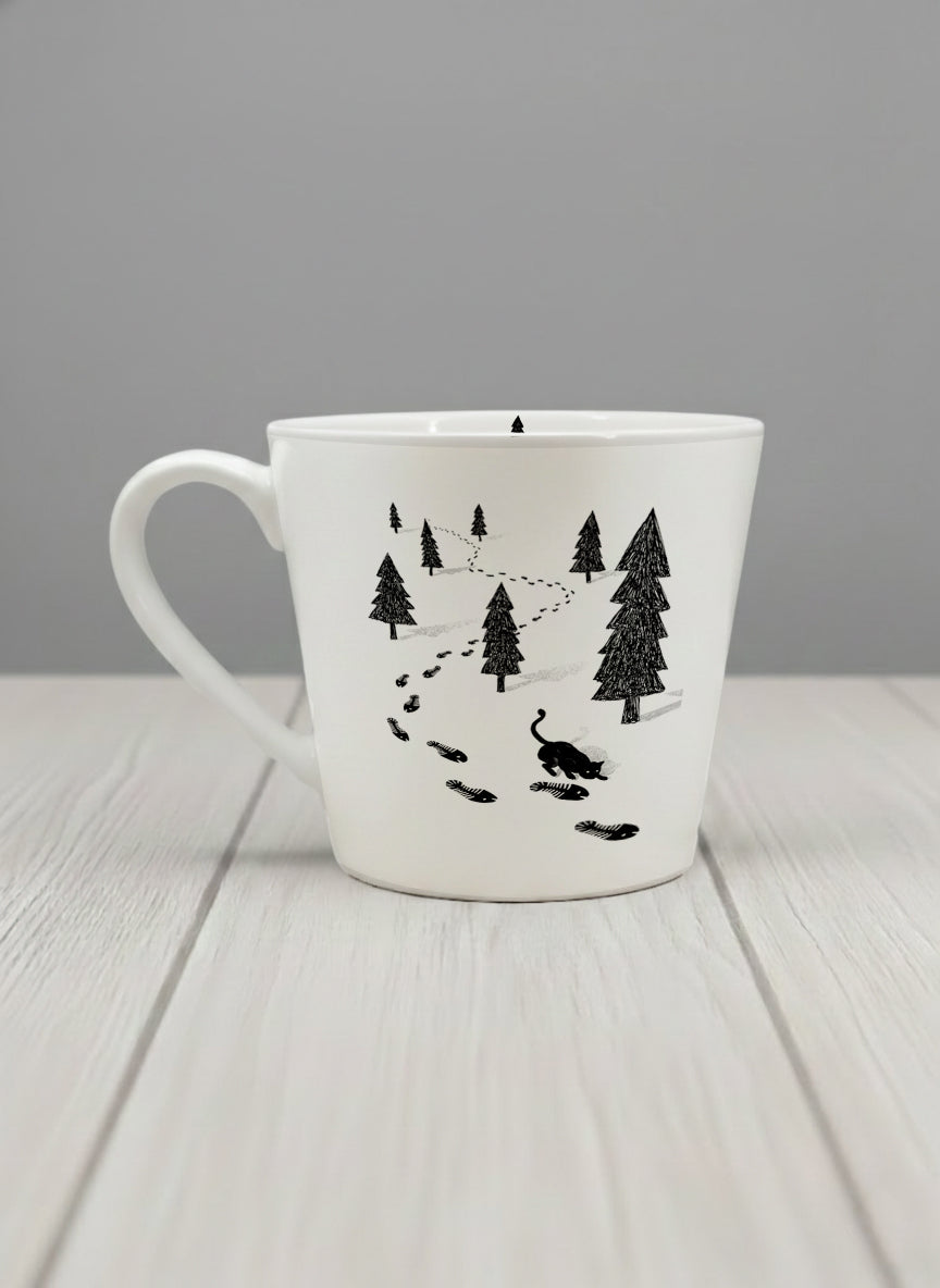 Conical Mug | The Curious Cat left view mug shows a sketch of a cat following fish-shaped footprints by Tang Yau Hoong - Gallery By Inhesion