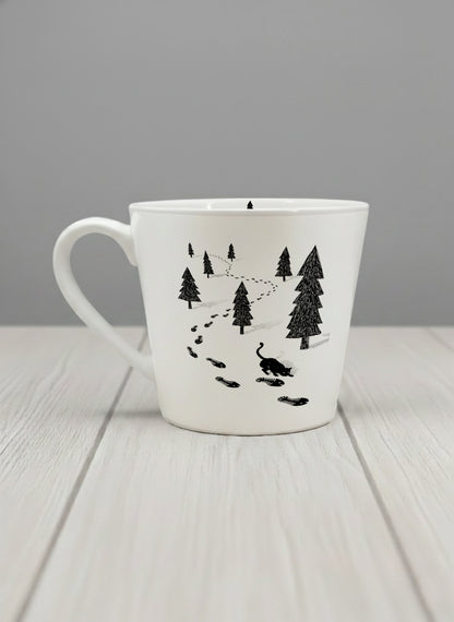 Conical Mug | The Curious Cat left view mug shows a sketch of a cat following fish-shaped footprints by Tang Yau Hoong - Gallery By Inhesion