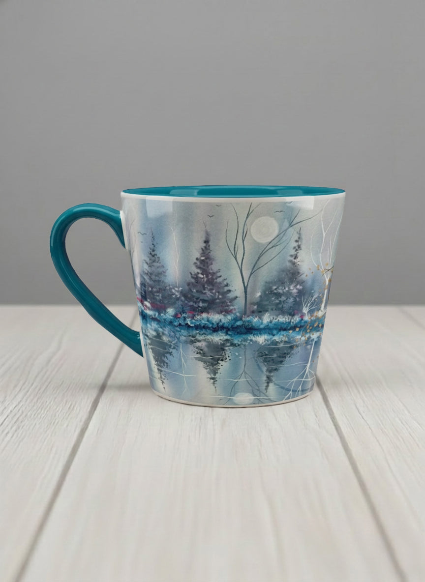 Conical Mug | Winter Reflections on a Frosted Slope left view mug showing a serene landscape with trees, water, and a moon design by Renee Pupetz - Gallery By Inhesion
