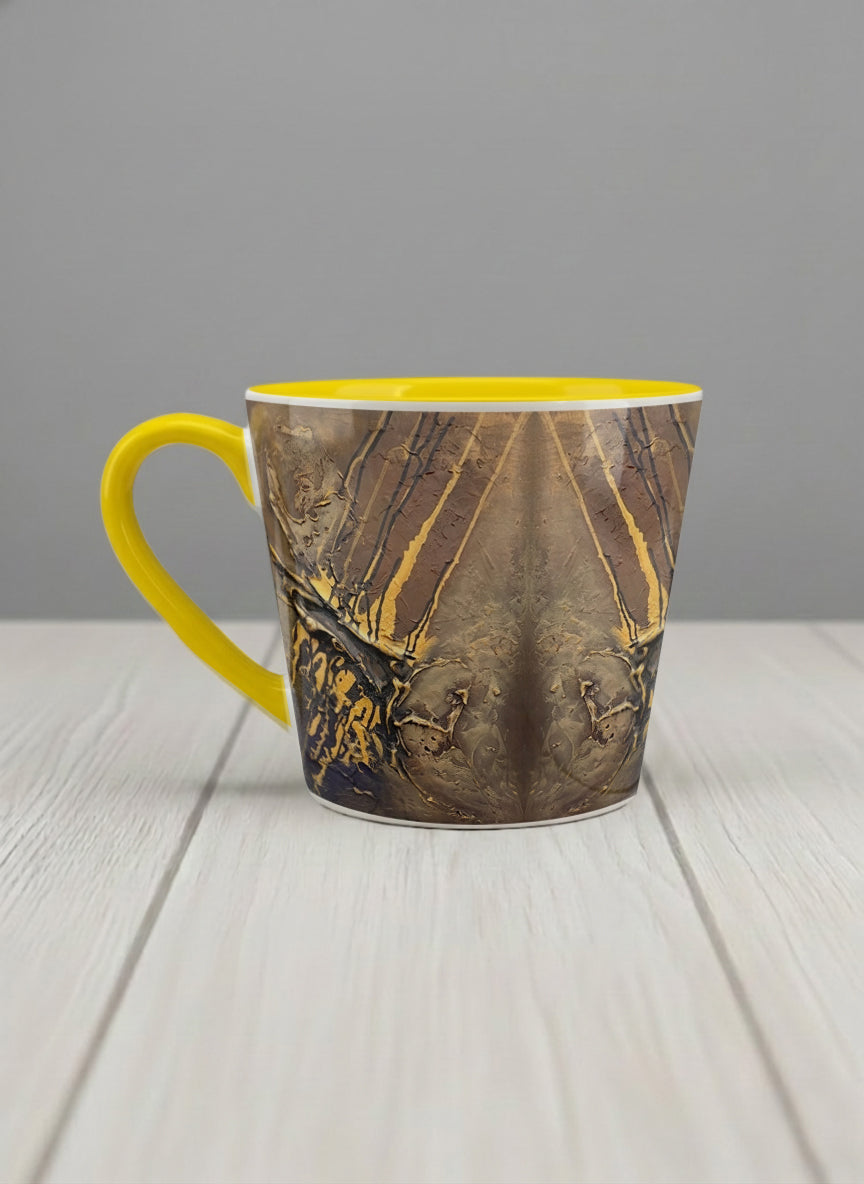 Conical Mug | Unfolding Luminance left view  mug showing abstract marbled pattern in brown, black, and gold tones by Mersedes Mein - Gallery By Inhesion