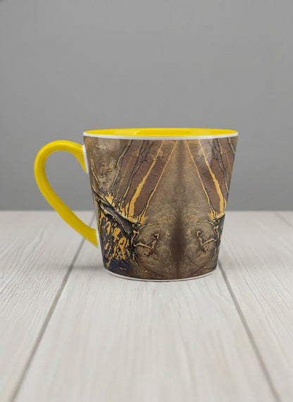 Conical Mug | Unfolding Luminance left view  mug showing abstract marbled pattern in brown, black, and gold tones by Mersedes Mein - Gallery By Inhesion