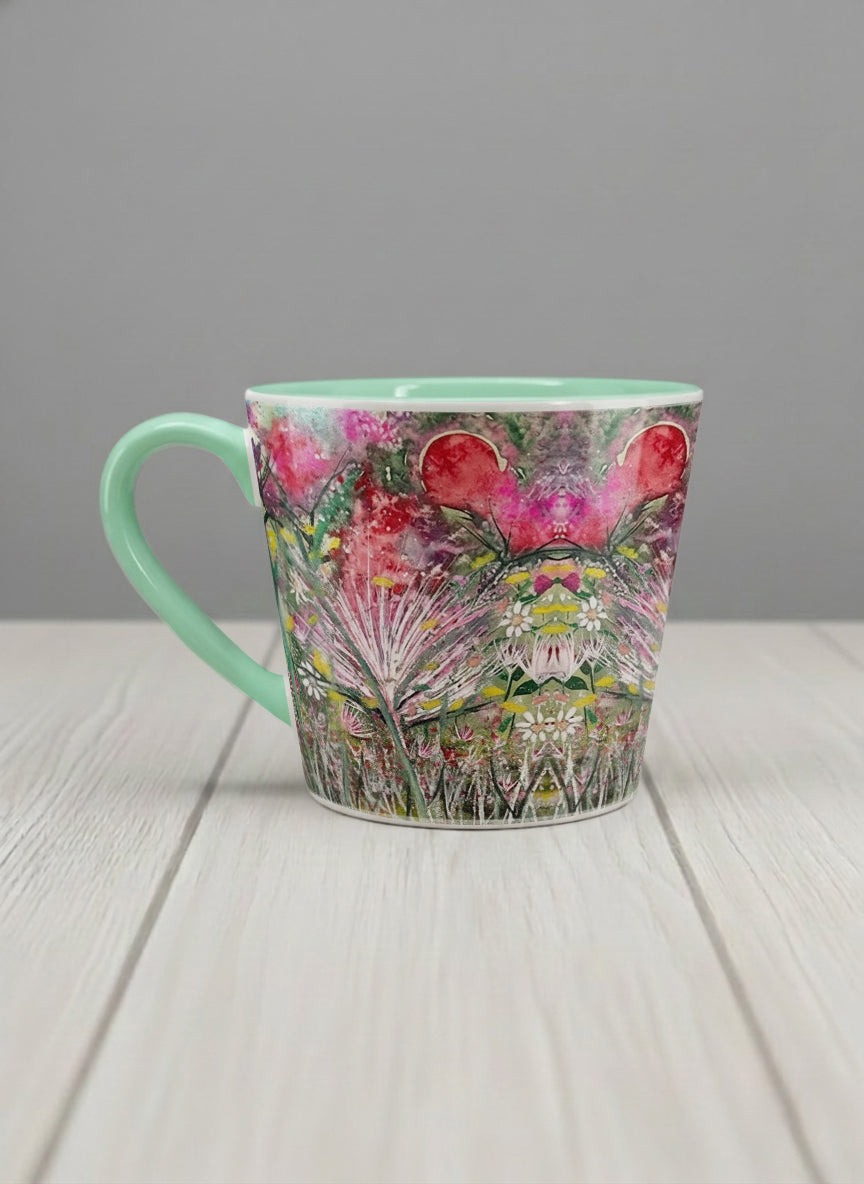 Conical Mug | Garden Mantra left view mug with a vibrant floral design and colorful abstract pattern by Renee Pupetz - Gallery By Inhesion