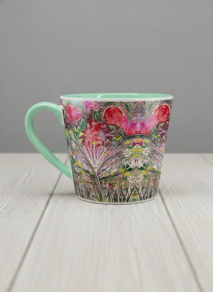 Conical Mug | Garden Mantra left view mug with a vibrant floral design and colorful abstract pattern by Renee Pupetz - Gallery By Inhesion