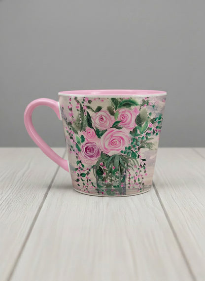 Conical Mug | Pink Roses in a Jar left view mug showing painted pink roses and greenery on a light background design by Renee Pupetz - Gallery By Inhesion