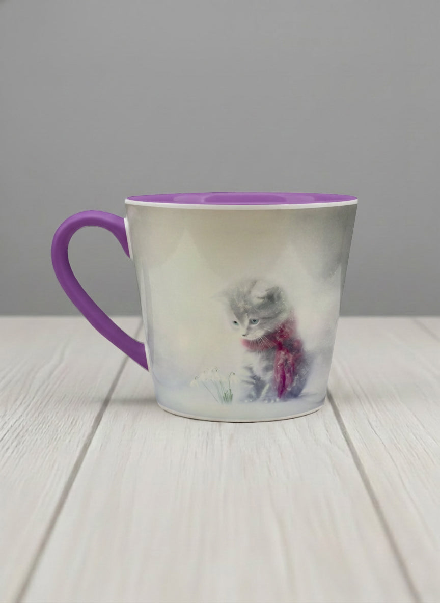 Conical mug | Waiting for Spring left view mug, a tiny kitten in a burgundy scarf sitting in a soft misty meadow, dusty rose interior and handle, by Karina Mosser - Gallery By Inhesion