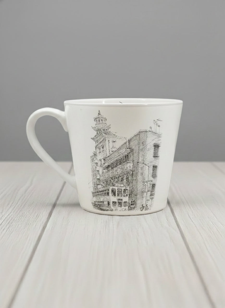 Conical Mug | Tramway Through Time left view mug showing a sketch of streets and tram in Hong Kong by Samuel Kwok - Gallery By Inhesion