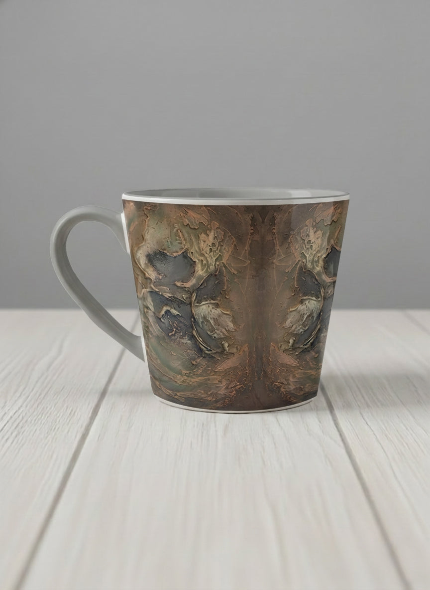 conical Mug | Memories of The Soul left view mug featuring abstract earth tones and natural patterns by Mersedes Mein - Gallery By Inhesion