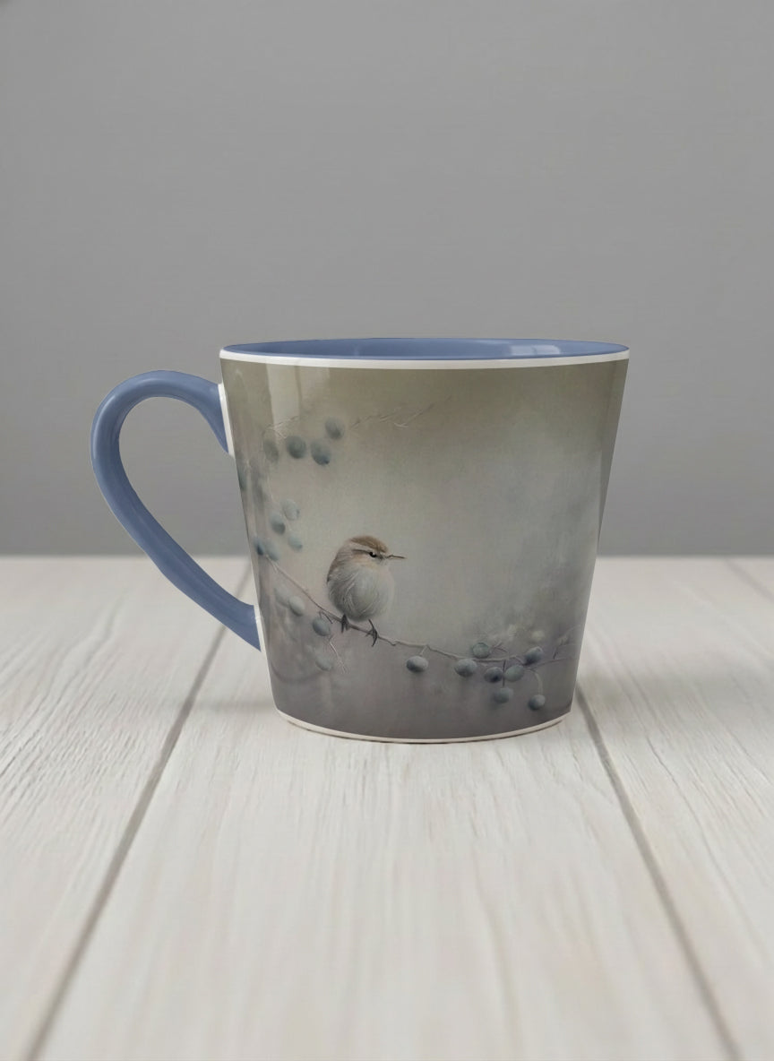 conical mug | A Quiet Moment left view mug, solitary bird perched in a soft misty landscape with delicate dot details, dusty blue interior and handle, by Karina Mosser - Gallery By Inhesion