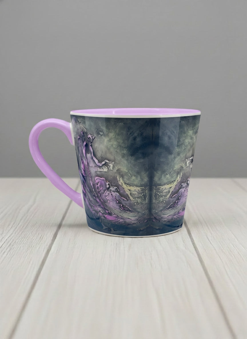 Conical Mug | Modern purple tea left view  mug with elegant abstract floral-inspired marbling, pastel handle, and contemporary design for home or office use.