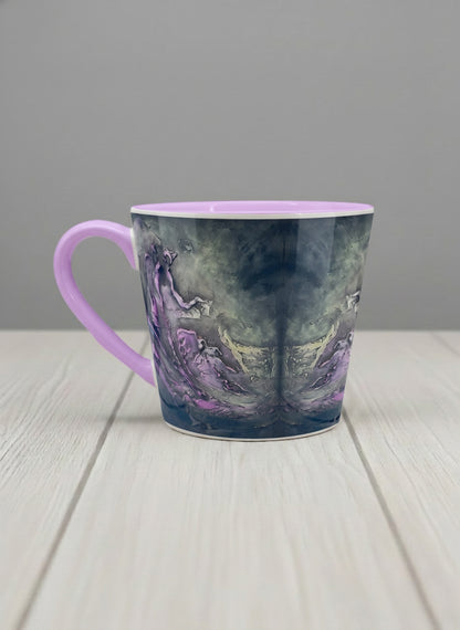 Conical Mug | Modern purple tea left view  mug with elegant abstract floral-inspired marbling, pastel handle, and contemporary design for home or office use.