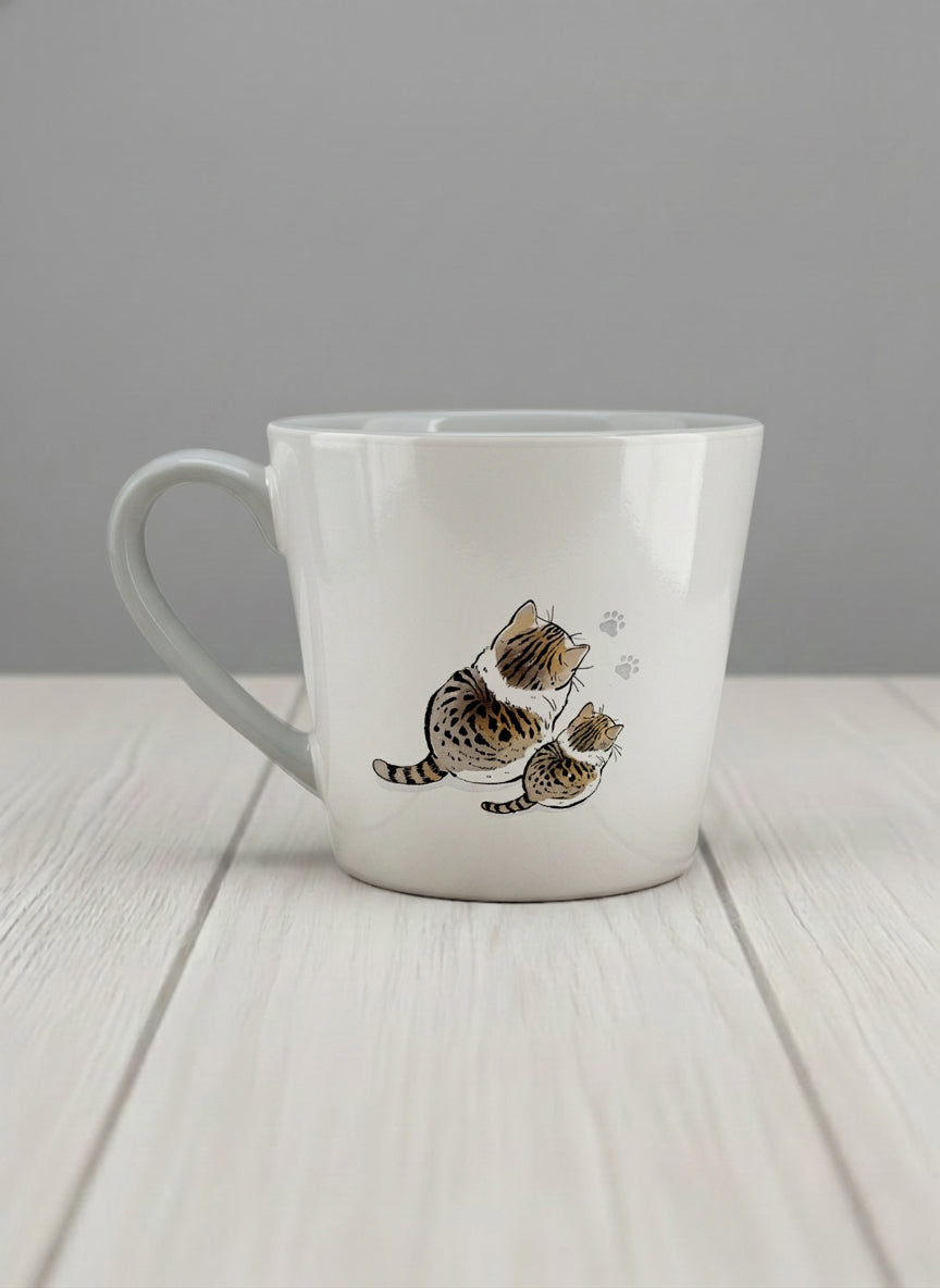 conical mug | By Your Side left view mug with two cats and paw prints, by Hyun Jung Cho- Gallery By Inhesion