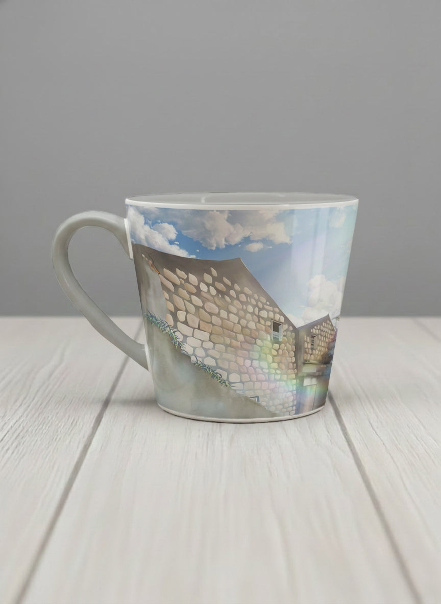 Conical Mug | The Timeless Facade left view mug ancient stone walls rising under a bright blue sky with soft drifting clouds, clean pearl white interior and handle,  by Samuel Kwok Gallery By Inhesion