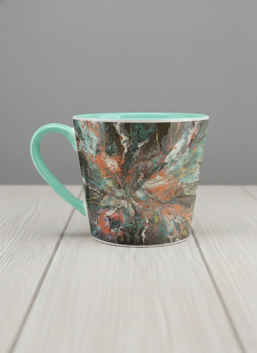 Conical Mug | Winged Light left view mug showing a fluid art painting with swirling, multicolored design by Renee Pupetz - Gallery By Inhesion
