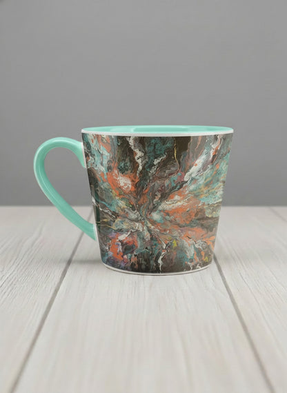 Conical Mug | Winged Light left view mug showing a fluid art painting with swirling, multicolored design by Renee Pupetz - Gallery By Inhesion