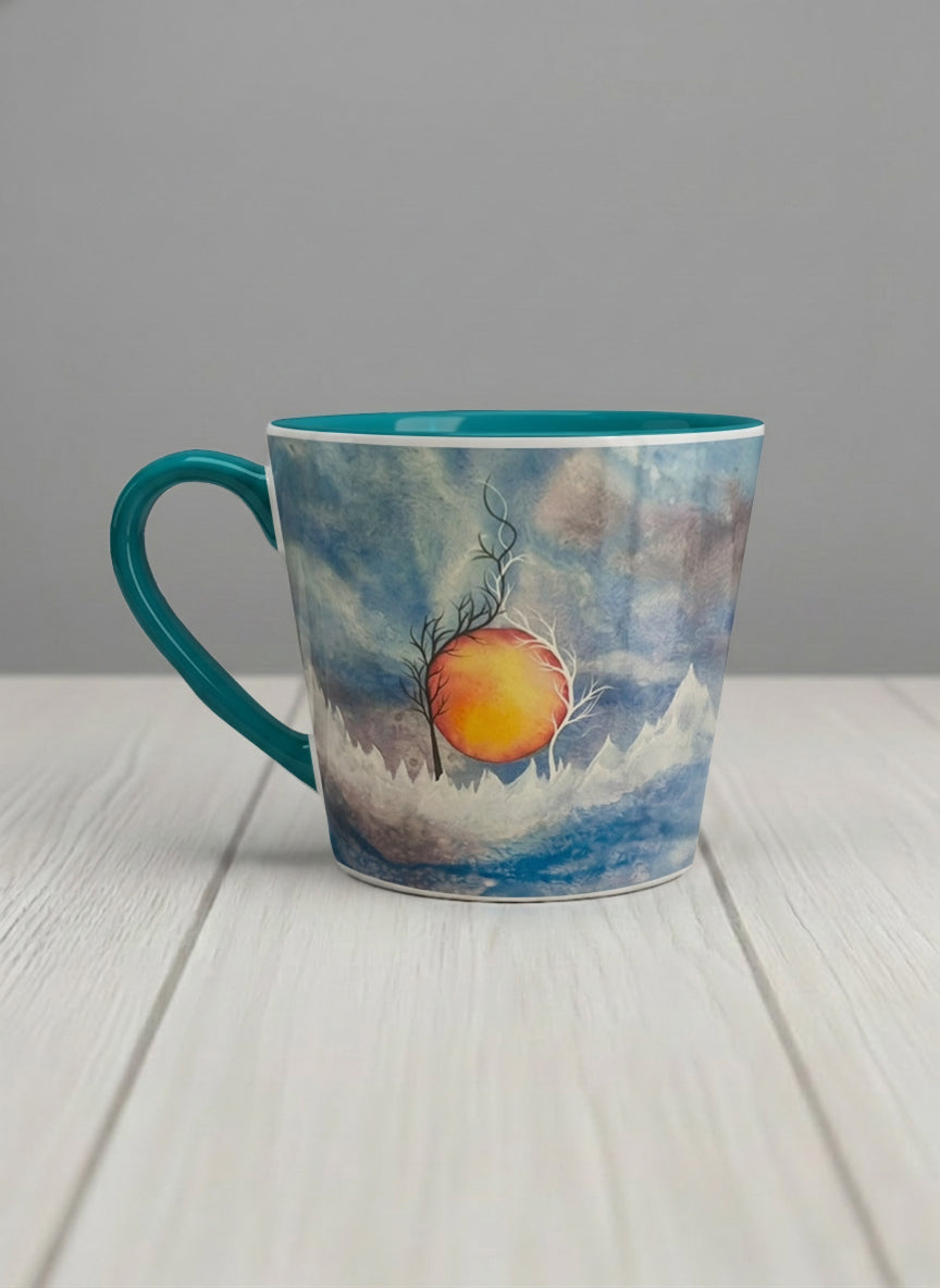 Conical Mug | Sun Rise left view mug with a colorful sun rise over a misty landscape and abstract trees by Renee Pupetz - Gallery By Inhesion