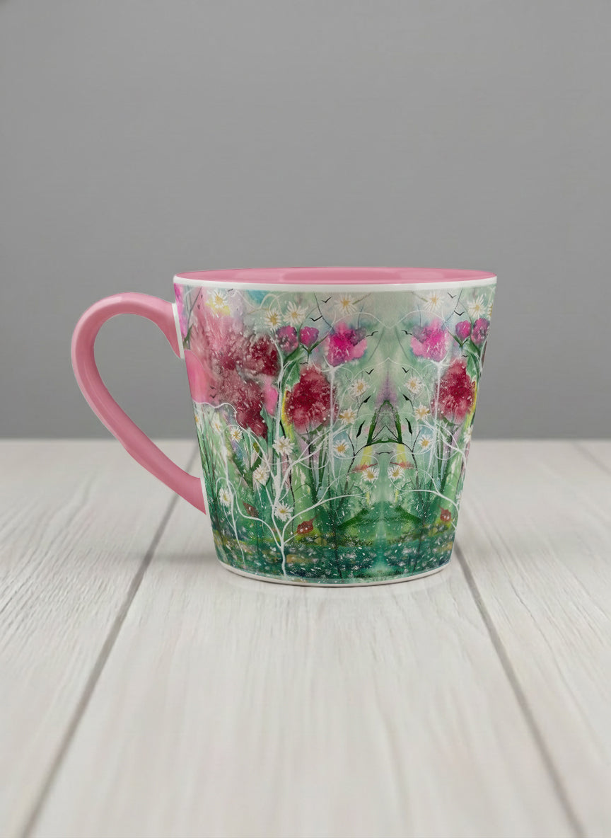 Conical Mug | Nature’s waking up left view mug shows a floral design with colorful blossoms and lush greenery by Renee Pupetz - Gallery By Inhesion