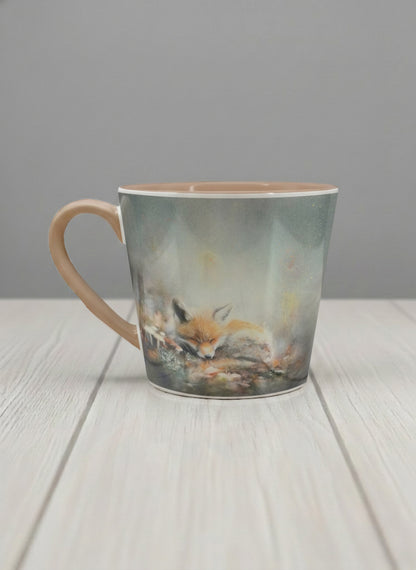 Conical mug | Lullaby left view mug, sleeping fox curled in a soft misty meadow, warm terracotta interior and handle, by Karina Mosser - Gallery By Inhesion