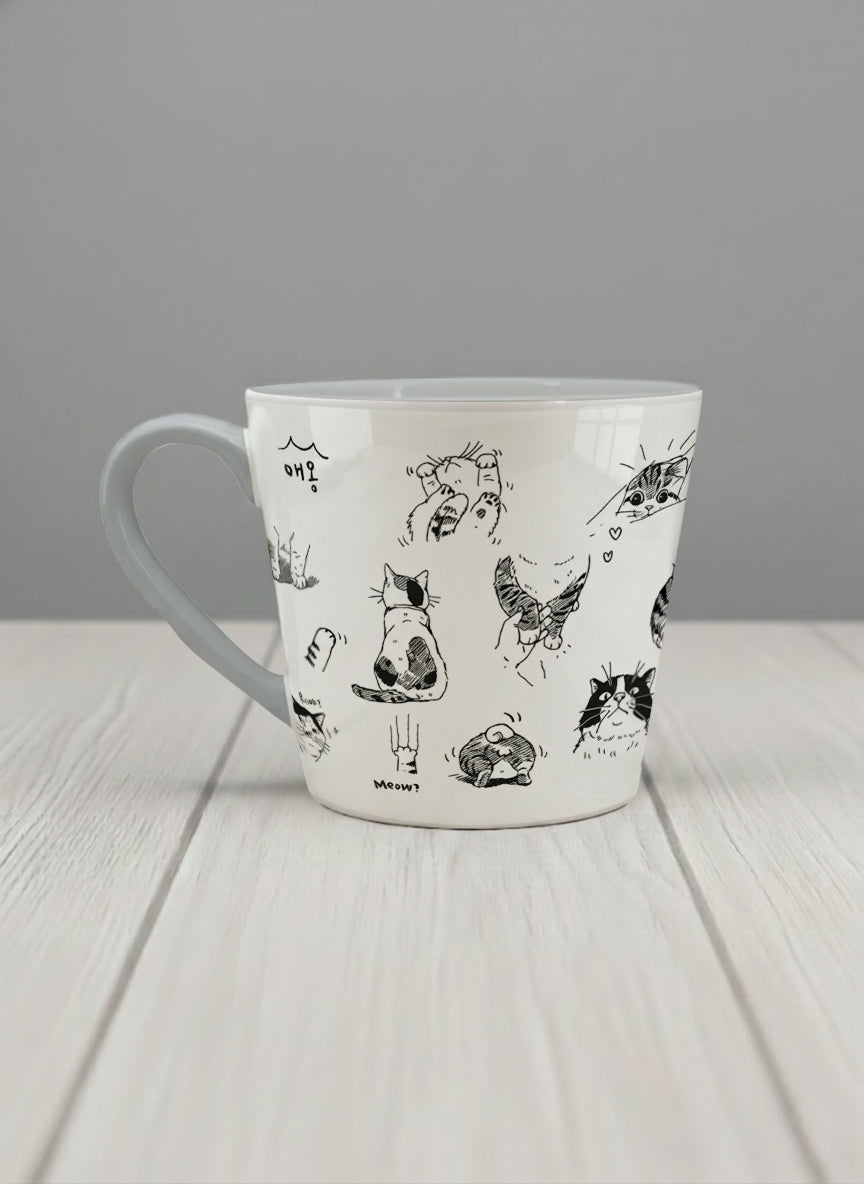 Conical mug | Moments of Curiosity side view mug  ink-sketched cats in playful poses with Korean script on white, grey interior, by Hyun Jung Cho