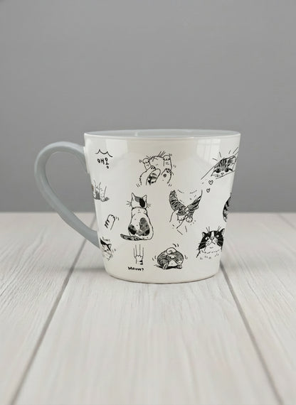 Conical mug | Moments of Curiosity side view mug  ink-sketched cats in playful poses with Korean script on white, grey interior, by Hyun Jung Cho