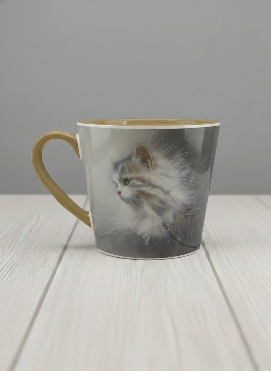 Conical Mug | Wild and Free left view mug, photorealistic cat portrait emerging from a soft smoky mist, warm beige interior and handle, by Karina Mosser - Gallery By Inhesion