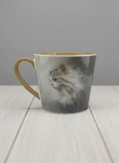 Conical Mug | Wild and Free left view mug, photorealistic cat portrait emerging from a soft smoky mist, warm beige interior and handle, by Karina Mosser - Gallery By Inhesion