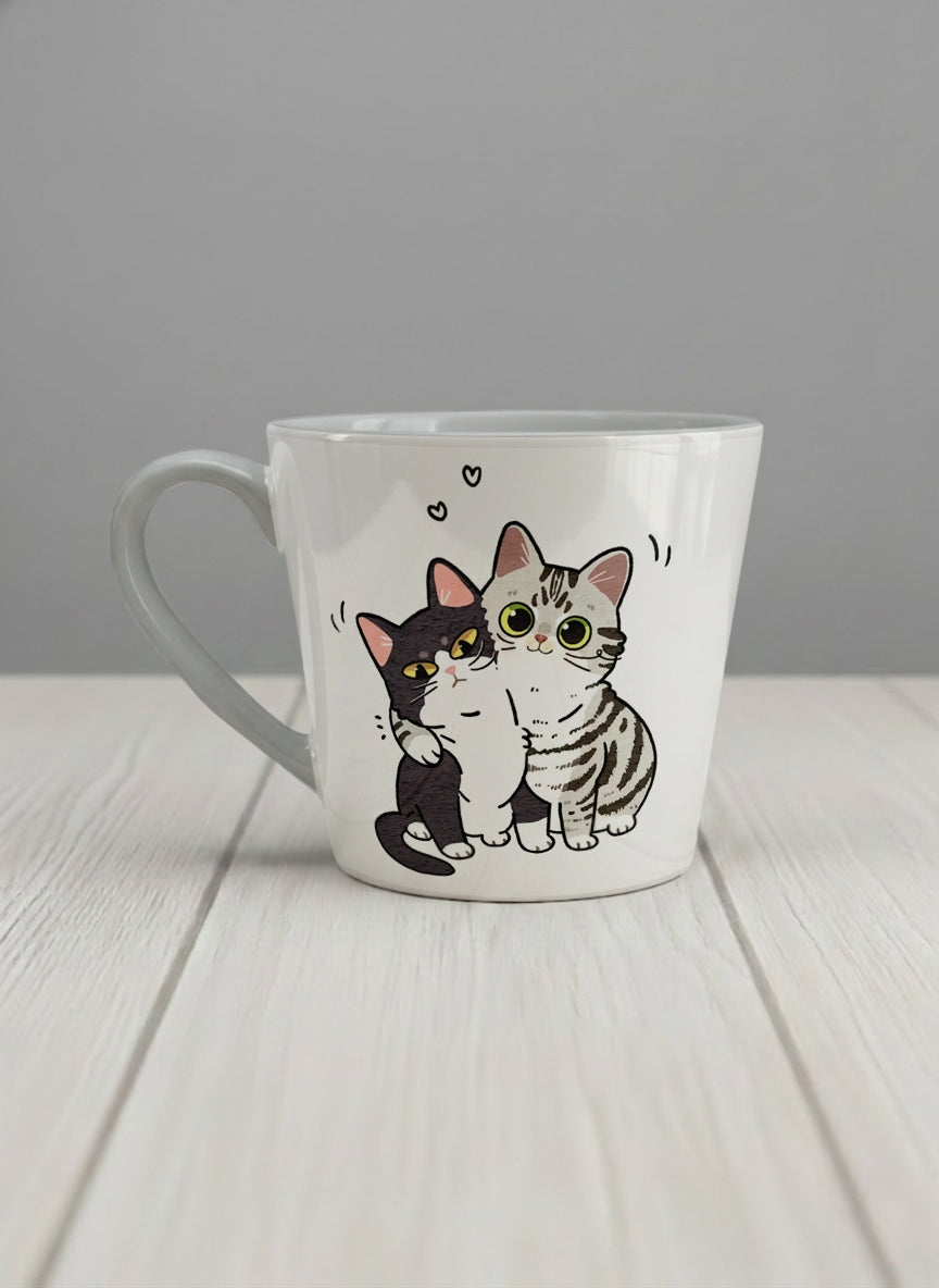 conical Mug | Best Buddies left view mug small tuxedo cat leaning into a chubby tabby with tiny floating hearts, sage interior, by Hyun Jung Cho