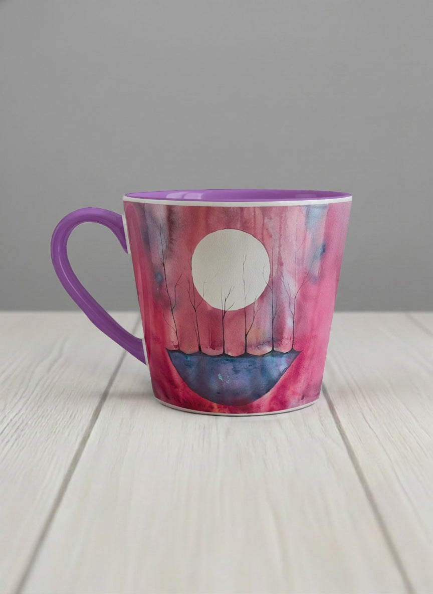 Conical mug | Sail the Moon left view mug with watercolor night scene, boat silhouette, trees and full moon, purple handle and interior by Renee Pupetz - Gallery By Inhesion